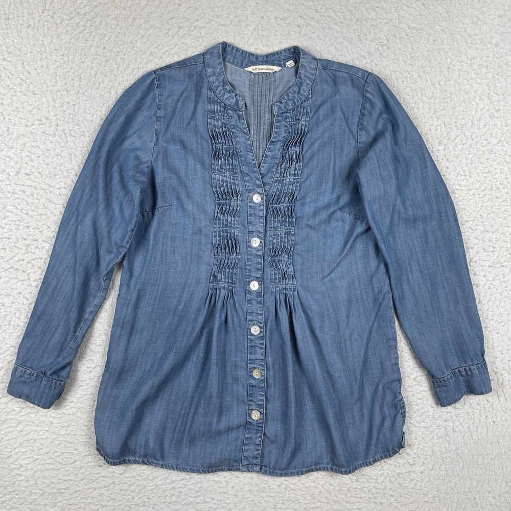 Soft Surroundings Shirt Womens XS Blue Chambray Tunic Top Pleated Cottagecore